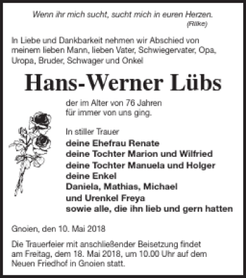 Traueranzeige von Hans-Werner Lübs von Mecklenburger Schweiz