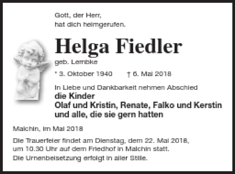  Traueranzeige für Helga Fiedler vom 16.05.2018 aus Mecklenburger Schweiz