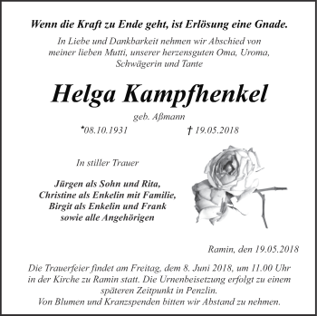 Traueranzeige von Helga Kampfhenkel von Müritz-Zeitung