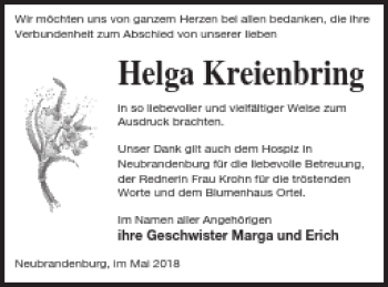 Traueranzeige von Helga Kreienbring von Neubrandenburger Zeitung