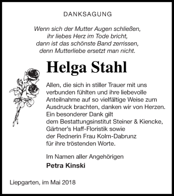 Traueranzeige von Helga Stahl von Haff-Zeitung