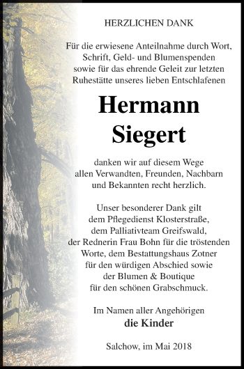 Traueranzeige von Hermann Siegert von Vorpommern Kurier