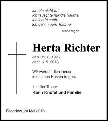 Traueranzeige von Herta Richter von Mecklenburger Schweiz