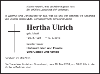 Traueranzeige von Hertha Ulrich von Prenzlauer Zeitung