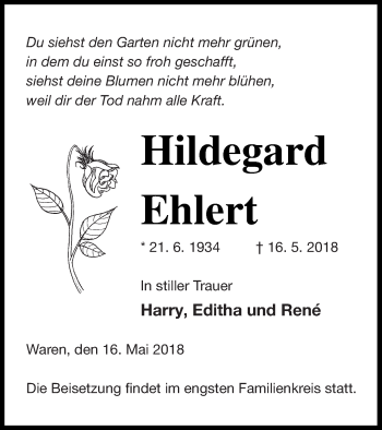 Traueranzeige von Hildegard Ehlert von Müritz-Zeitung
