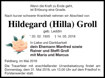 Traueranzeige von Hildegard Groll von Prenzlauer Zeitung