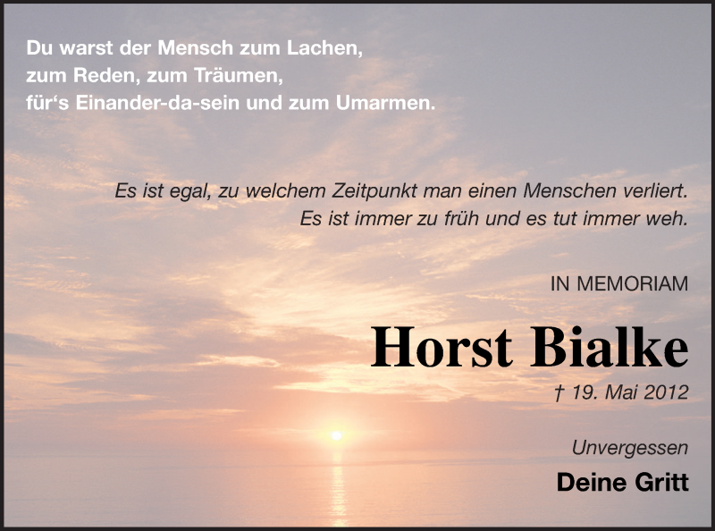  Traueranzeige für Horst Bialke vom 19.05.2018 aus Strelitzer Zeitung