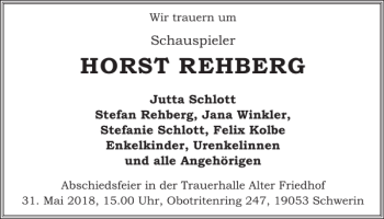 Traueranzeige von Horst Rehberg von Zeitung für die Landeshauptstadt