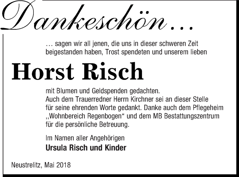  Traueranzeige für Horst Risch vom 24.05.2018 aus Strelitzer Zeitung