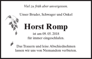 Traueranzeige von Horst Romp von Ludwigsluster Tageblatt