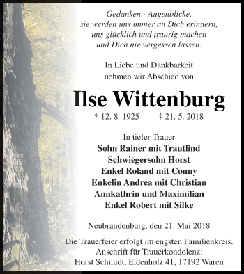 Traueranzeige von Ilse Wittenburg von Müritz-Zeitung