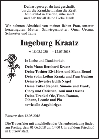 Traueranzeige von Ingeburg Kraatz von Bützower Zeitung