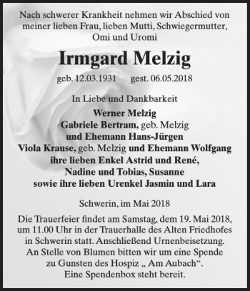 Traueranzeige von Irmgard Melzig von Zeitung für die Landeshauptstadt