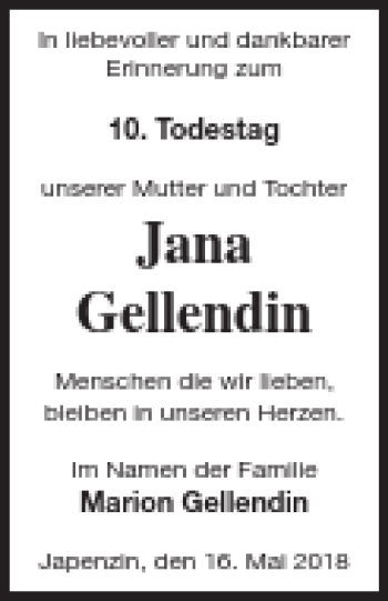 Traueranzeige von Jana Gellendin von Vorpommern Kurier