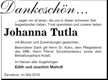 Traueranzeige von Johanna Tutla von Demminer Zeitung