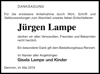 Traueranzeige von Jürgen Lampe von Demminer Zeitung