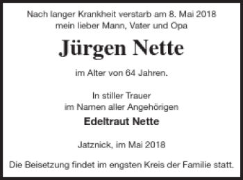 Traueranzeige von Jürgen Nette von Pasewalker Zeitung