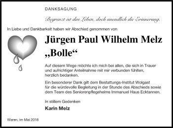 Traueranzeige von Jürgen Paul Wilhelm Melz von Müritz-Zeitung