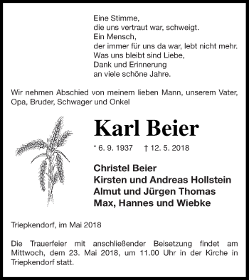 Traueranzeige von Karl Beier von Strelitzer Zeitung