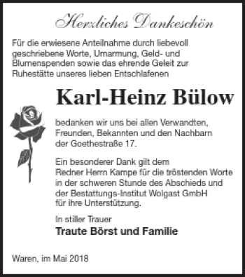 Traueranzeige von Karl-Heinz Bülow von Müritz-Zeitung