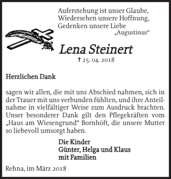 Traueranzeige von Lena Steinert von Gadebusch-Rehnaer Zeitung