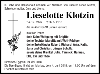 Traueranzeige von Lieselotte Klotzin von Haff-Zeitung