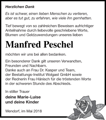 Traueranzeige von Manfred Peschel von Müritz-Zeitung