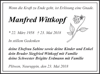 Traueranzeige von Manfred Wittkopf von Pasewalker Zeitung