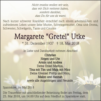 Traueranzeige von Margarete Utke von Vorpommern Kurier