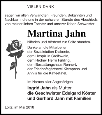 Traueranzeige von Martina Jahn von Vorpommern Kurier