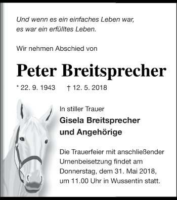 Traueranzeige von Peter Breitsprecher von Vorpommern Kurier