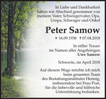 Traueranzeige von Peter Samow von Zeitung für die Landeshauptstadt