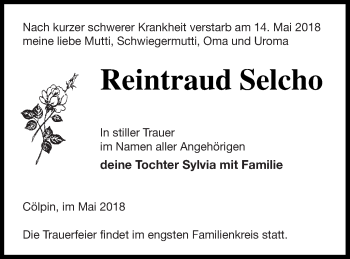 Traueranzeige von Reintraud Selcho von Neubrandenburger Zeitung