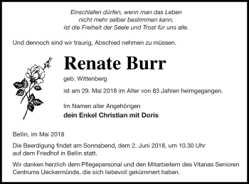 Traueranzeige von Renate Burr von Haff-Zeitung