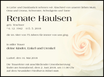 Traueranzeige von Renate Haulsen von Müritz-Zeitung