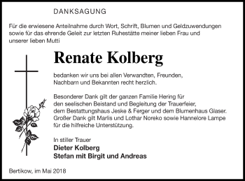 Traueranzeige von Renate Kolberg von Prenzlauer Zeitung