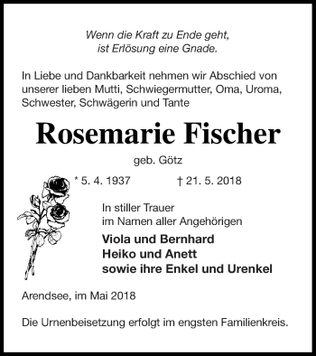 Traueranzeige von Rosemarie Fischer von Prenzlauer Zeitung