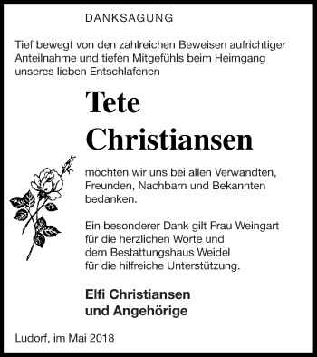 Traueranzeige von Tete Christiansen von Müritz-Zeitung