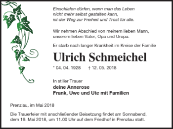 Traueranzeige von Ulrich Schmeidel von Prenzlauer Zeitung