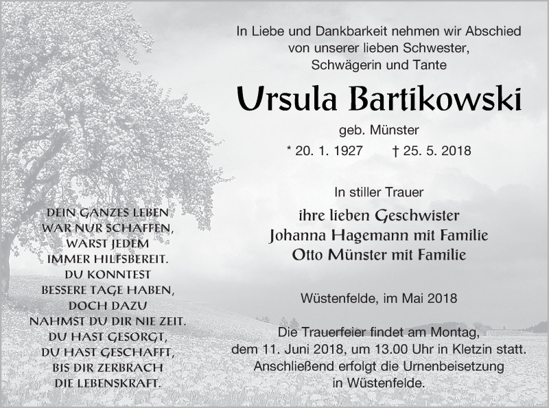  Traueranzeige für Ursula Bartikowski vom 31.05.2018 aus Vorpommern Kurier