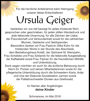 Traueranzeige von Ursula Geiger von Vorpommern Kurier