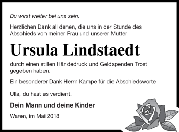 Traueranzeige von Ursula Lindstaedt von Müritz-Zeitung