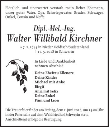 Traueranzeige von Walter Willibald Kirchner von Zeitung für die Landeshauptstadt