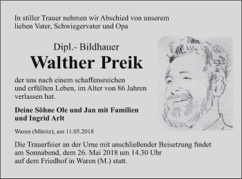 Traueranzeige von Walther Preik von Nordkurier Gesamtausgabe