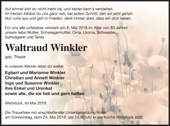 Traueranzeige von Waltraud Winkler von Haff-Zeitung