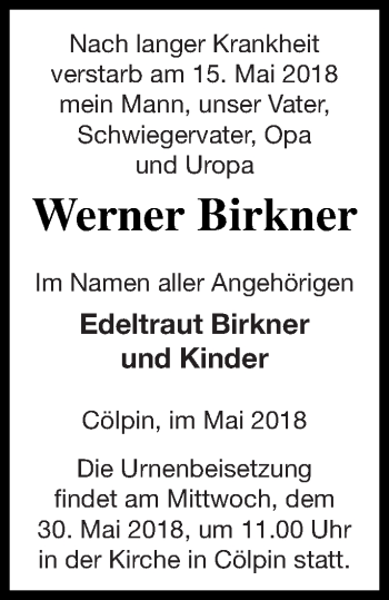 Traueranzeige von Werner Birkner von Neubrandenburger Zeitung