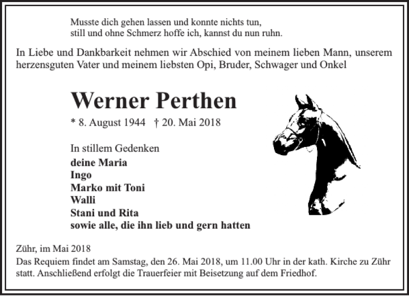  Traueranzeige für Werner Perthen vom 24.05.2018 aus Hagenower Kreisblatt