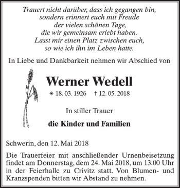 Traueranzeige von Werner Wedell von Zeitung für die Landeshauptstadt