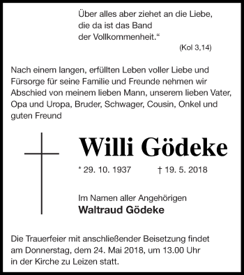 Traueranzeige von Willi Gödeke von Müritz-Zeitung