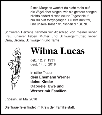 Traueranzeige von Wilma Lucas von Haff-Zeitung